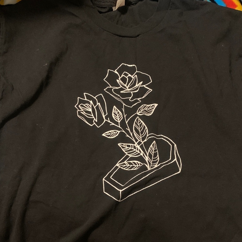 Black T-Shirt with Rose in Grave white graphic